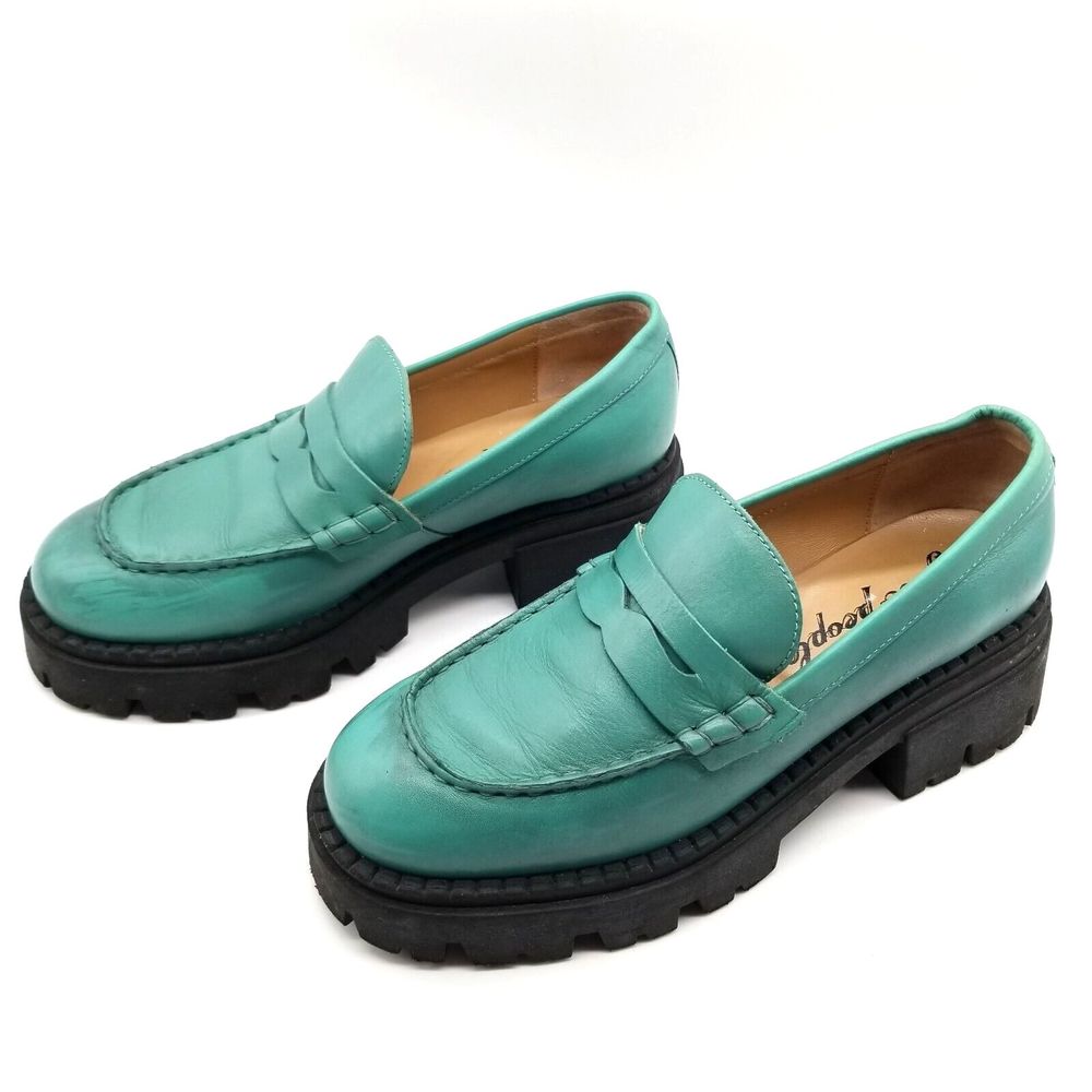 Free People Women Lyra Lug Sole Loafers Size 6.5 Green Leather Chunky Slip On